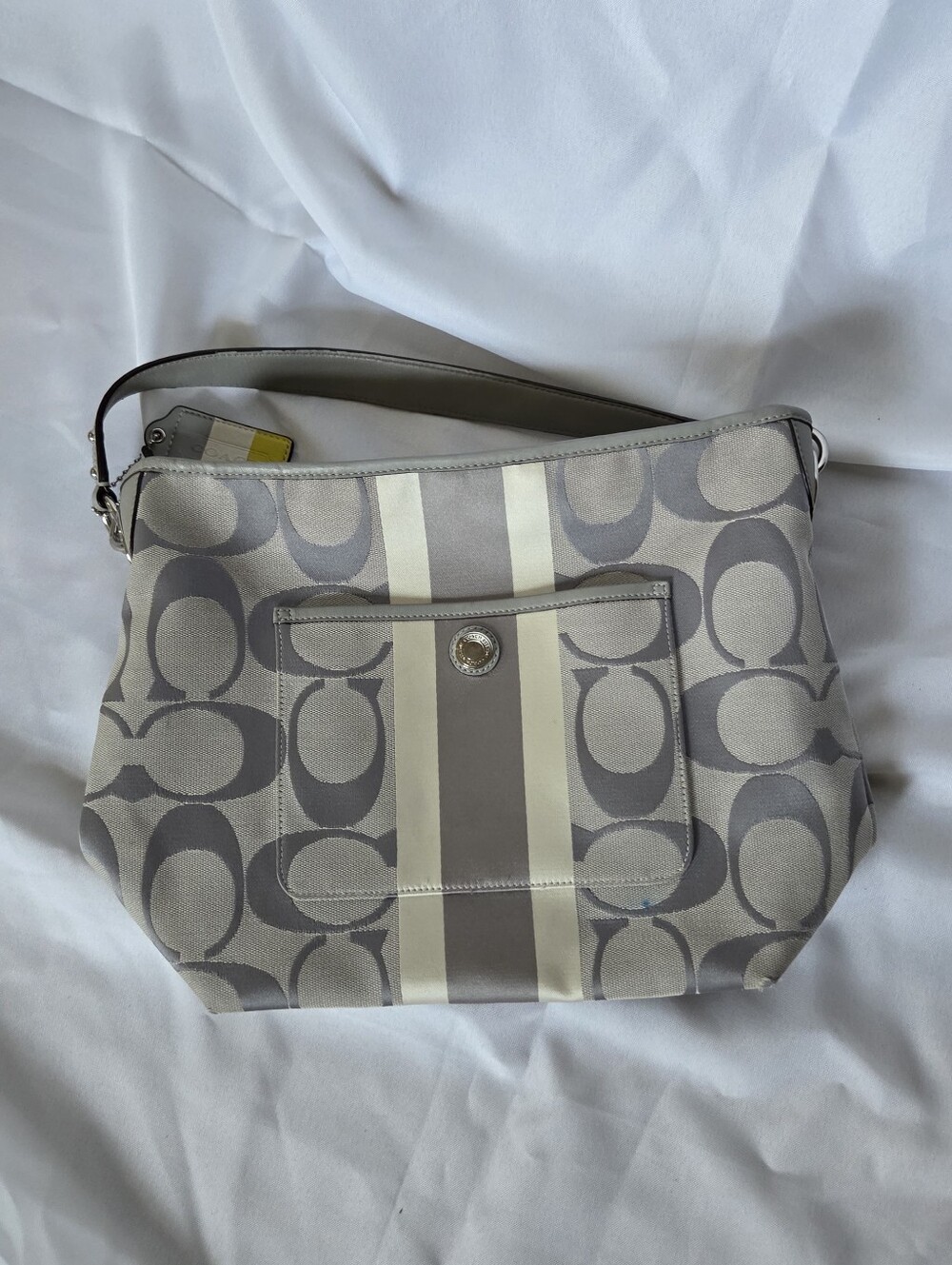 Coach Signature Stripe Canvas Shoulder Bag in Light Gray